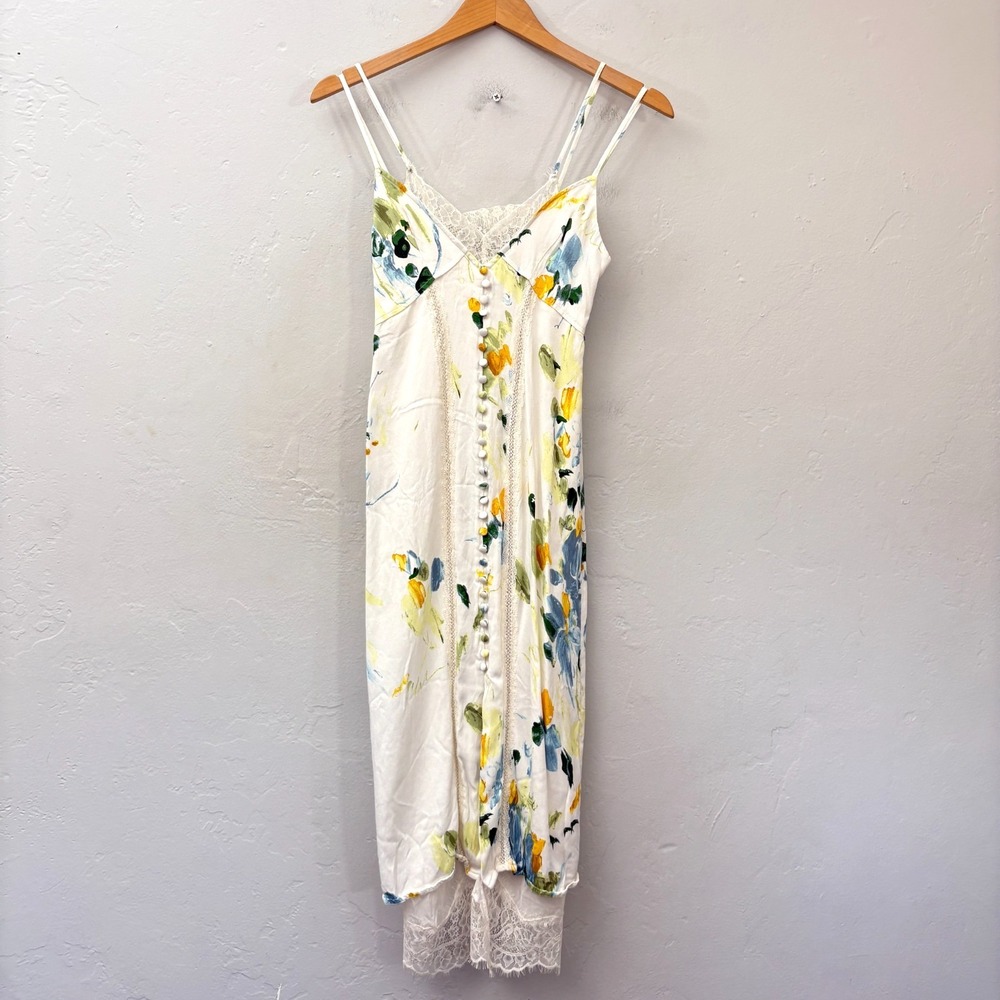Anthropologie Lace Button Front Slip Dress Women Sz 2 Petite White Yellow Floral